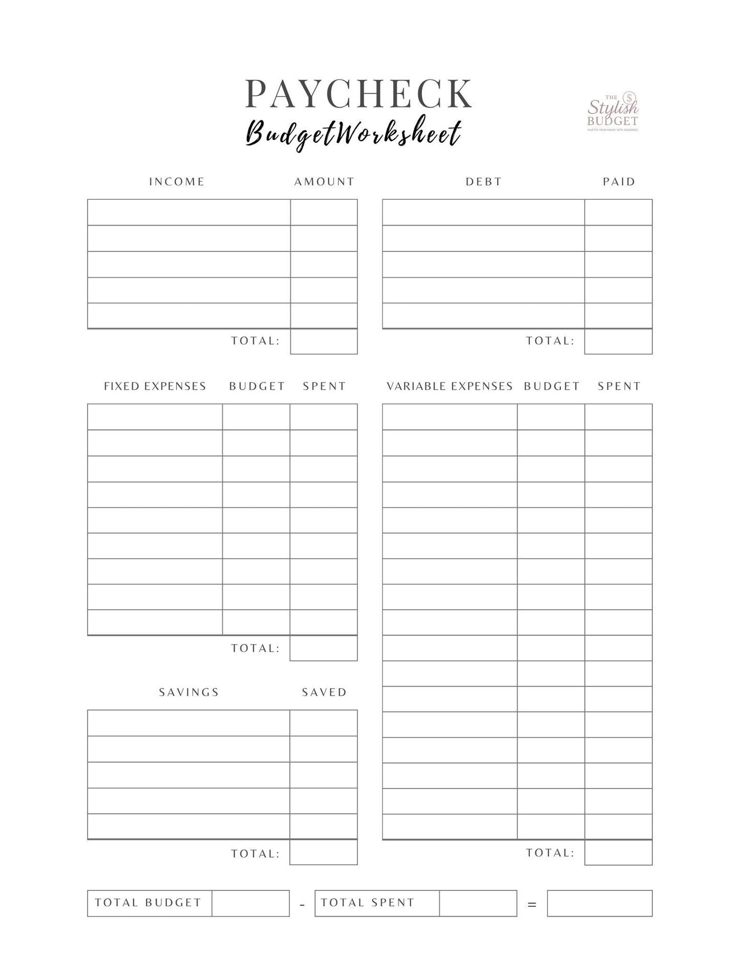 Paycheck Budget Worksheet - Printable Income and Expense Tracker - Minimalist Budgeting Template PDF