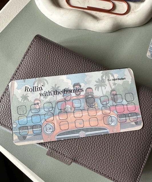 Rollin with the Homies Savings Challenge - Dice Budget Game Card - Fun Cash Stuffing Tracker for Saving Money