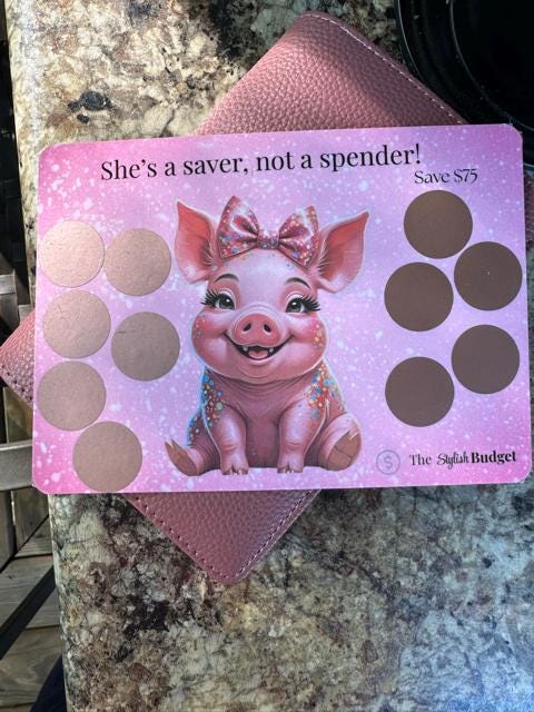 She’s a Saver, Not a Spender Scratch-Off | 75 dollar Piggy Bank Savings Challenge | A6 Budget Tracker Card | The Stylish Budget
