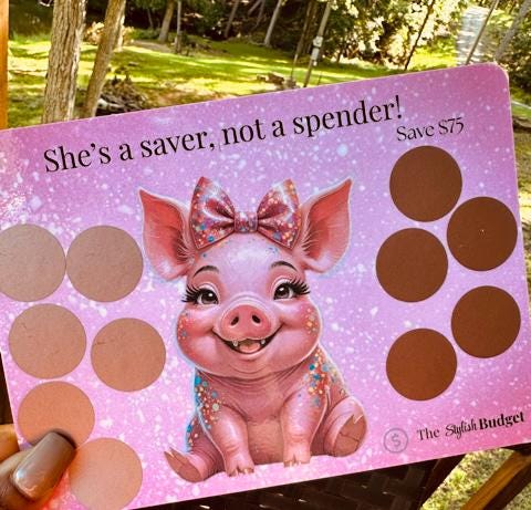 She’s a Saver, Not a Spender Scratch-Off | 75 dollar Piggy Bank Savings Challenge | A6 Budget Tracker Card | The Stylish Budget