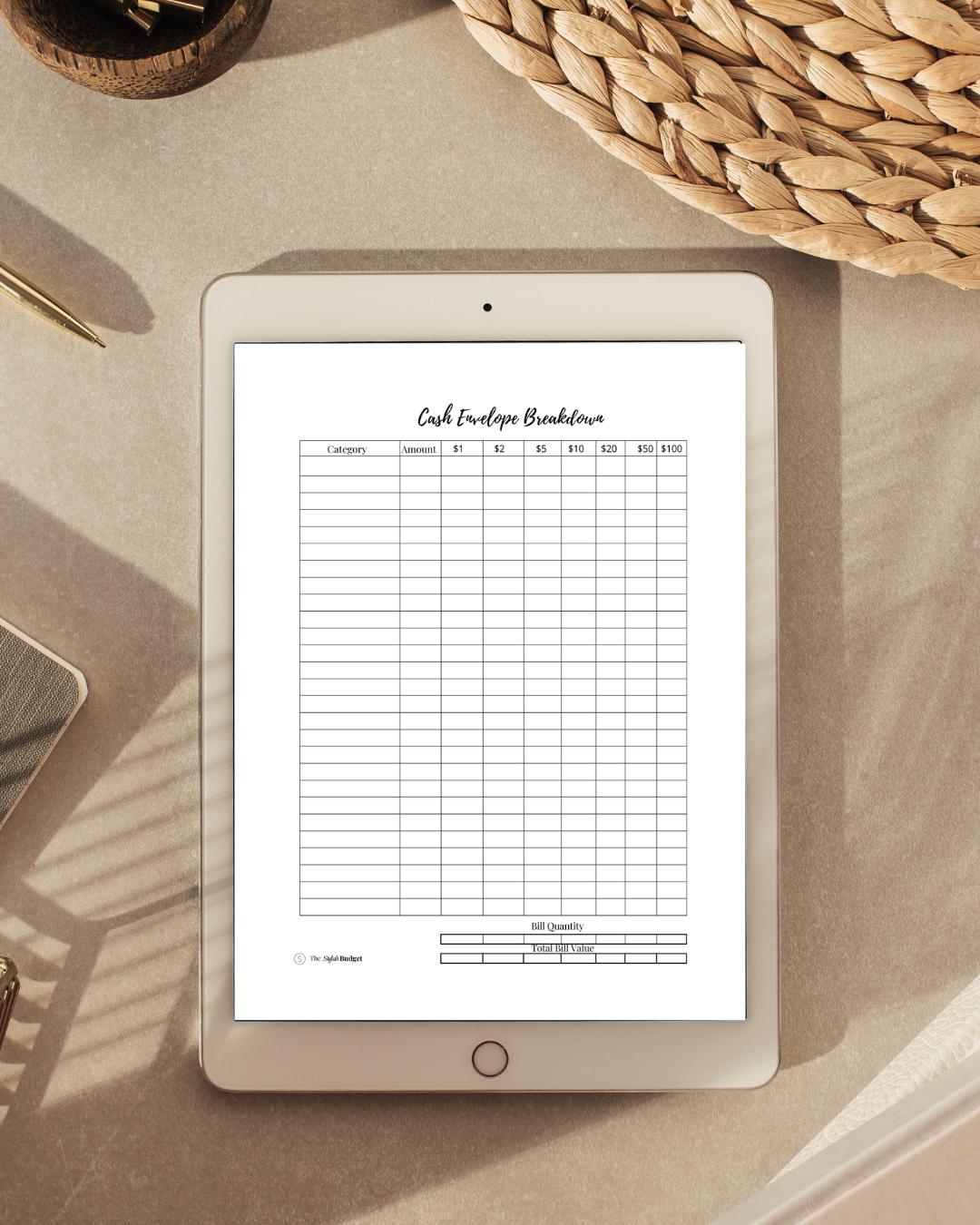 Cash Envelope Breakdown Sheet - Printable Budgeting Insert - Bill Denomination Tracker for Cash Stuffing