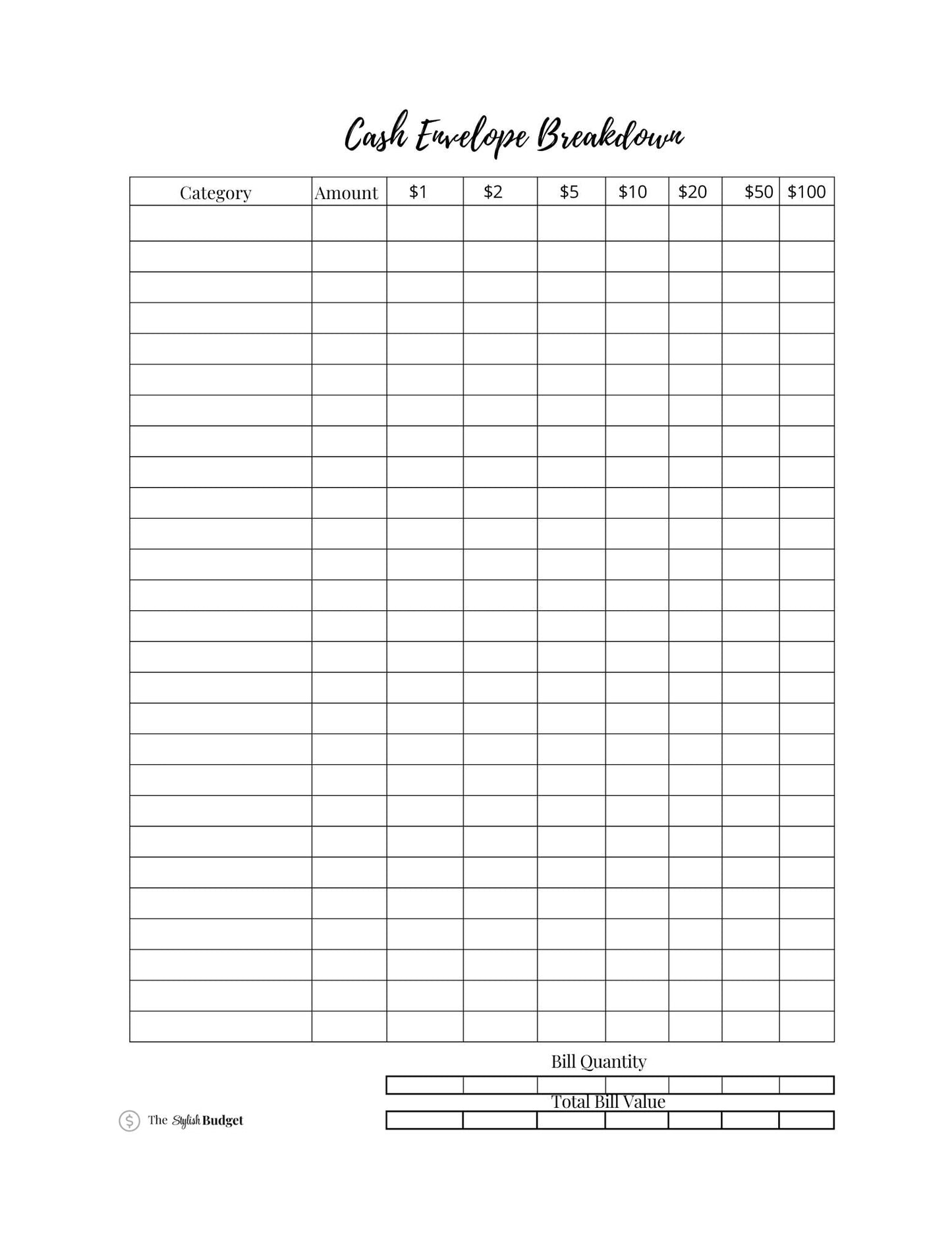 Cash Envelope Breakdown Sheet - Printable Budgeting Insert - Bill Denomination Tracker for Cash Stuffing