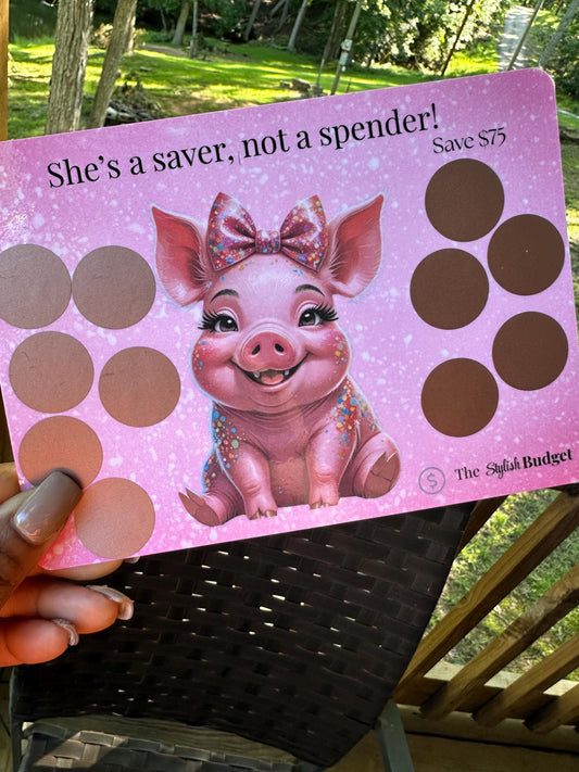She’s a Saver, Not a Spender Scratch-Off | 75 dollar Piggy Bank Savings Challenge | A6 Budget Tracker Card | The Stylish Budget