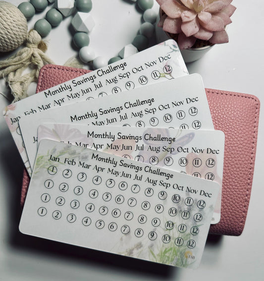 12 Month Savings Challenge Set – 4 Monthly Tracker Cards for Budget Binders | Cash Stuffing Tool