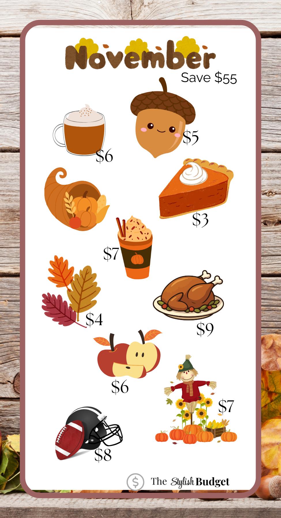 November Savings Tracker Bundle – Fall Printable A6 Budget Challenge, Autumn Savings Sheets